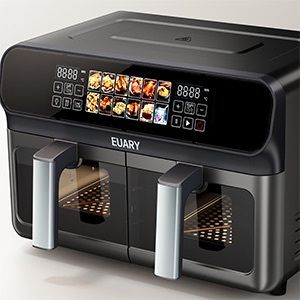 EUARY dual basket  Air Fryer 9L Oil Free 2 Compartments XXL 2800 W Large Capacity, 2 Air Fryer Bins, 12 Cooking Programs, Touch Screen, Appointment Function