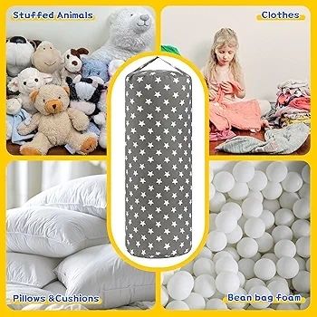 Stuffed Animal Storage Bean Bag Cover for Kids Plush Toys Organizer Bags for Boys and Girls A Full-length Zipper Cylinder Room Furniture Decor - Organize, Sit, Play & Box (Grey Stars)