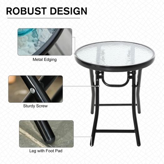 NEW SALE | 45CM Garden Round Table Foldable Dining Table with Safety Buckle Glass Tabletop Metal Covered Edge for Patio Garden Outdoor Indoor Space