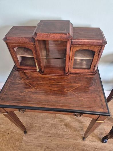 Edwardian inlaid writing desk& carved chair