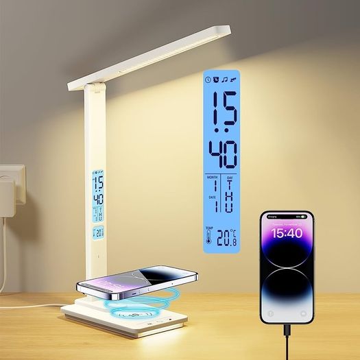 LED Desk Lamp with Wireless Charger, USB Charging Port, 5 Colors 5 Brightness Dimmable Eye-Caring Desk Lamp, Night Lights, Clock & Calendar & Temperature Table Lamp for Home Office MULTIPLE COLOURS AVAILABLE (FREE SHIPPING)