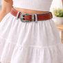 Unisex Premium Red Genuine Leather Belt Vintage Engraved Silver Buckle Image 5