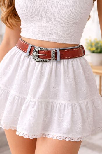 Unisex Premium Red Genuine Leather Belt Vintage Engraved Silver Buckle