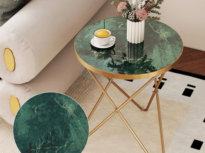 Round Coffe Table with Marble Effect Tabletop and Gold Metal Frame, Small Sofa Table Green Coffee Tables for Living Room, Bedroom, Sofa and Couch