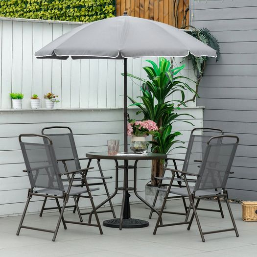 6 Piece Patio Dining Set with Umbrella, 4 Folding Dining Chairs & Round Tempered Glass Table for Garden, Backyard and Poolside, Grey