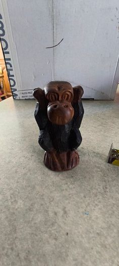 1970s Vtg. 5.5 inches Carved Wood Monkey Primitive Folk Art - Hear No Evil/MOP Eyes