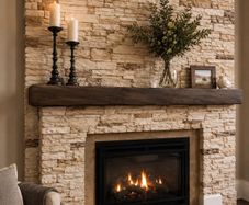 Rustic reclaimed-style wooden fire place beam