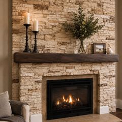 Rustic reclaimed-style wooden fire place beam