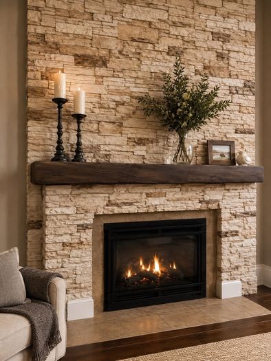 Rustic reclaimed-style wooden fire place beam
