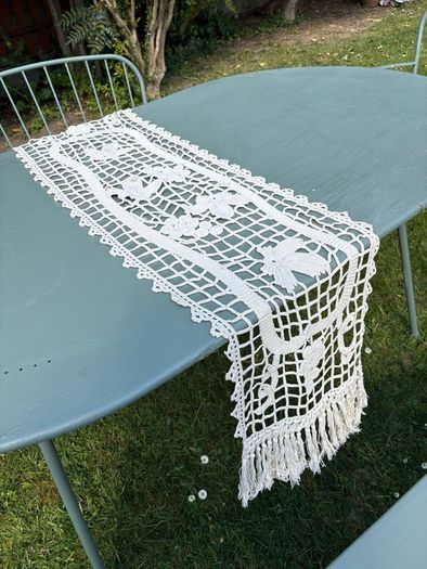 Vintage French Crochet Table Runner with fringe each end