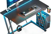 Gaming Desk with LED Lights Table Cup Holder and Headphone Hook Double Z Frame Design Computer Carbon Fiber Black 80 cm