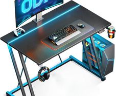 Gaming Desk with LED Lights Table Cup Holder and Headphone Hook Double Z Frame Design Computer Carbon Fiber Black 80 cm