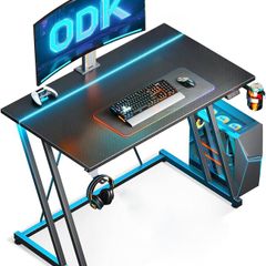Gaming Desk with LED Lights Table Cup Holder and Headphone Hook Double Z Frame Design Computer Carbon Fiber Black 80 cm