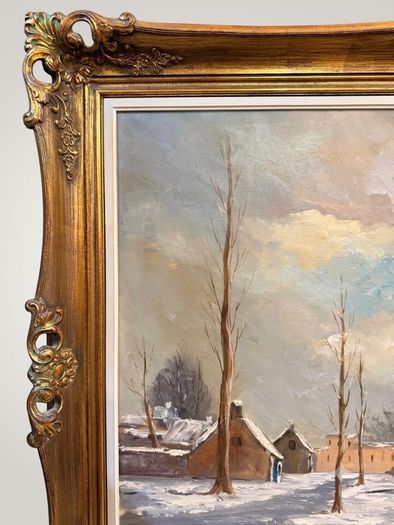 Magnificent Large-Scale Dutch Winter River Landscape Oil Painting