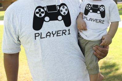 Dad and Baby Matching White T-Shirt and Infant T-shirt Set - Player 1 & Player 2