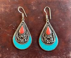 Red Coral & Turquoise Tibetan Silver Earrings