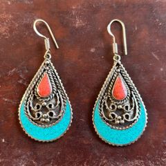 Red Coral & Turquoise Tibetan Silver Earrings