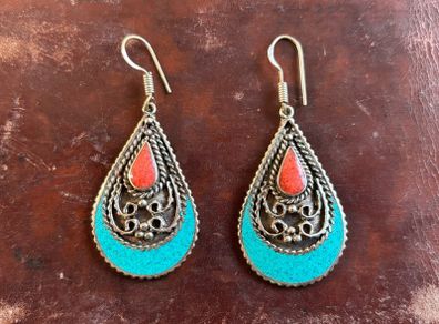 Red Coral & Turquoise Tibetan Silver Earrings