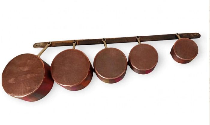 Set of 5 Graduated Copper Pans on Hanging Rail - Display