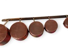 Set of 5 Graduated Copper Pans on Hanging Rail - Display