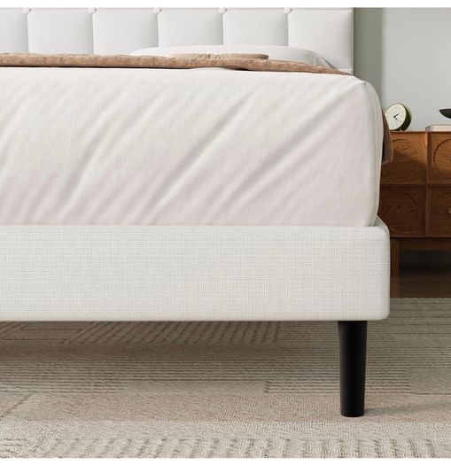 Double Bed Frame, Easy Assembly, Sturdy Wooden Slat Support, Upholstered Platform with Headboard, No Box Spring Needed, White Double Bed 135x190