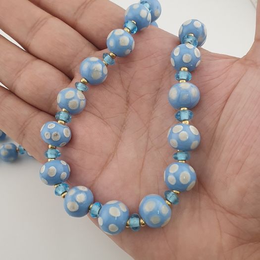 Vintage Venetian Style Light Blue White Dotted Glass Beads Necklace