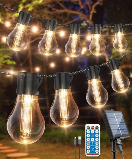 Solar Festoon Lights Outdoor,14M/46FT USB&Solar String Lights with Remote, 30LED Shatterproof Bulbs, IP65 Waterproof for Garden, Gazebo Patio Party Wedding Decor
