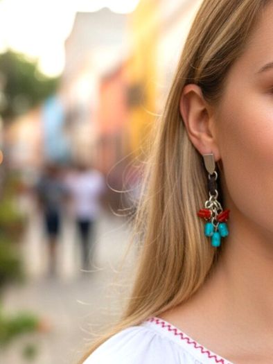 Vintage 925 Sterling Silver Turquoise & Carnelian Stud Earrings