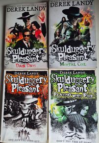 Skulduggery Pleasant 4 Book Bundle Books 1 & 2 SIGNED and hand skull illustrations by Derek Landy