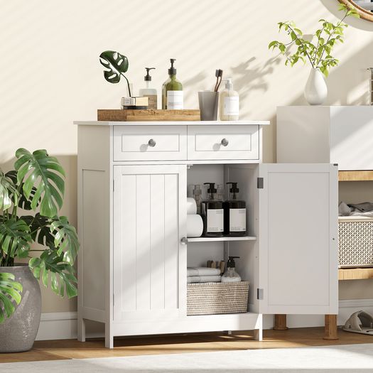 Freestanding Bathroom Storage Cabinet Unit w/ 2 Drawers Cupboard Adjustable Shelf Metal Handles Traditional Style White