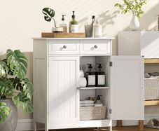 Freestanding Bathroom Storage Cabinet Unit w/ 2 Drawers Cupboard Adjustable Shelf Metal Handles Traditional Style White