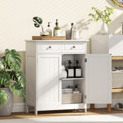 Freestanding Bathroom Storage Cabinet Unit w/ 2 Drawers Cupboard Adjustable Shelf Metal Handles Traditional Style White