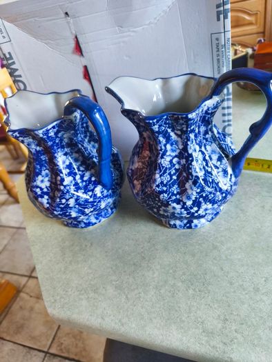 Set of 2 Victoria Ware Ironstone Pitcher, Calico Blue & White Floral flower transfer ware. each 80.00 Euro each or the set of 2 for  150.00 euro Made in England, in very good condition .