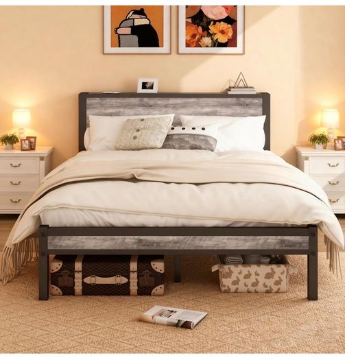 Double Bed Frame Storage Wooden Headboard Metal Platform Grey wood headboard storage shelf. Sturdy metal platform frame, no box spring needed. Quiet strong legs. for master bedroom