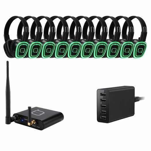 Q-Audio 10 Way Silent Disco Bundle with Bluetooth Transmitter & Charger