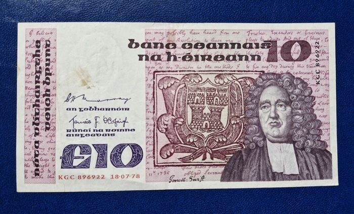 Ireland 1978 Jonathan Swift 10 pound (KGC) banknote