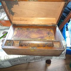Antique Wooden Writing Box, likely Victorian, featuring a hinged lid that opens to reveal compartments for inkwells and pens.