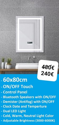 LED Bathroom Mirrors Selection Clock Speakers Bluetooth Demister Antifog Wi-Fi Weather Station Makeup