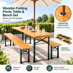 Wooden Folding table and two benches picnic set  (3 pieces)