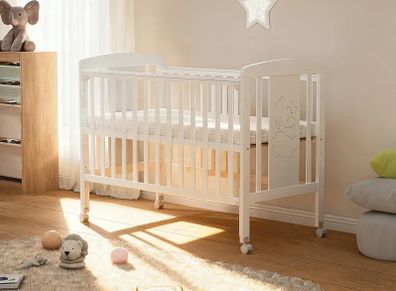 -3-in-1 Wooden Baby Cot Bed,Baby Crib,Convertible Baby Bed with Teething Rail,5 Adjustable Bed Base Positions,Mattress Included,From Birth to 6 Years