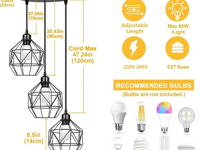 Pendant Light Hanging Lamp Fixture - 3-Light Vintage Hanging Ceiling Light Fixtures Black Metal Industrial Pendant Lighting Shade for Farmhouse Kitchen Dining Room (FREE POSTAGE)