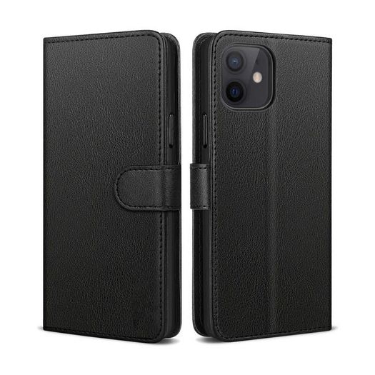 For iPhone 12 Mini Wallet Case Cover Flip Book PU Leather Holder Card Slots Black - FHT07IPK1