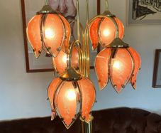 Vintage Tall Hollywood Regency Pink Glass Tulip Lotus Brass Effect Floor Lamp