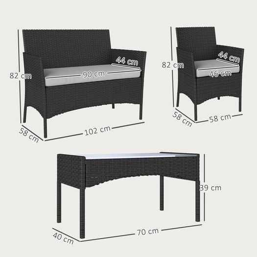 4 Piece Rattan Garden Furniture Sofa Set with Loveseat, Armchairs, Glass-Top Coffee Table and Cushions, Black