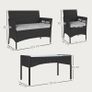 4 Piece Rattan Garden Furniture Sofa Set with Loveseat, Armchairs, Glass-Top Coffee Table and Cushions, Black Image 2