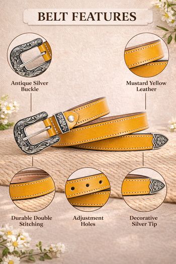 Unisex Premium Yellow Genuine Leather Belt Vintage Engraved Silver Buckle