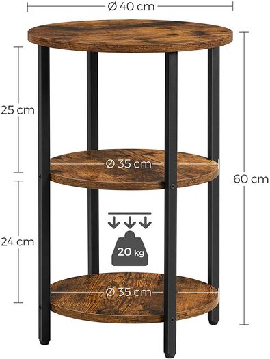 _Round 3 Tier Steel Side Table Easy Assembly for Living Room Bedroom Industrial Style Vintage Brown Black