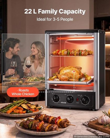 Countertop Vertical Rotating Oven 22L Rotisserie Shawarma Machine, 1500W Kebab Grill Roaster with Heat-Resistant Door, Drip Tray, Timer & Temp Control, Kebab Rack with 7 Skewers