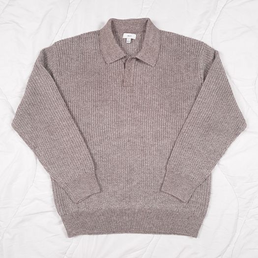 Next Taupe Mushroom Brown Ribbed Button Collar Polo Knit Jumper Mens Size L