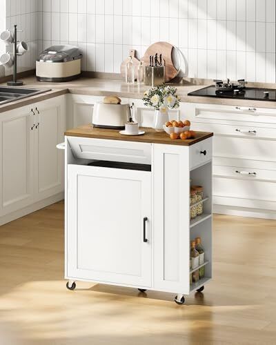 Rolling Kitchen Island Cart with Storage Space Kitchen Island Table with Trash Can, 5 Swivel Castors, Drawer, Spice Rack and Towel Holder for Kitchen